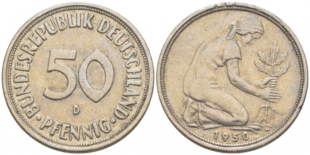 ФРГ 50 ПФЕННИГОВ 1950 D KM 109.1, J. 384 медно-никель 3851-1028