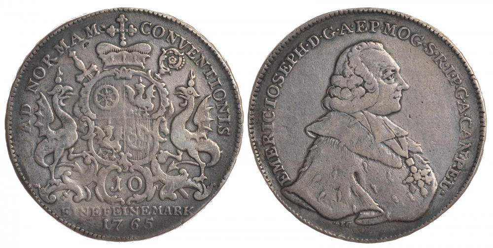 Майнц 1 талер 1765 Эммерих Йозеф фон Брайдбах-Бюрресхайм Dav. 2424, Slg. Walther 596 серебро 00-806-68