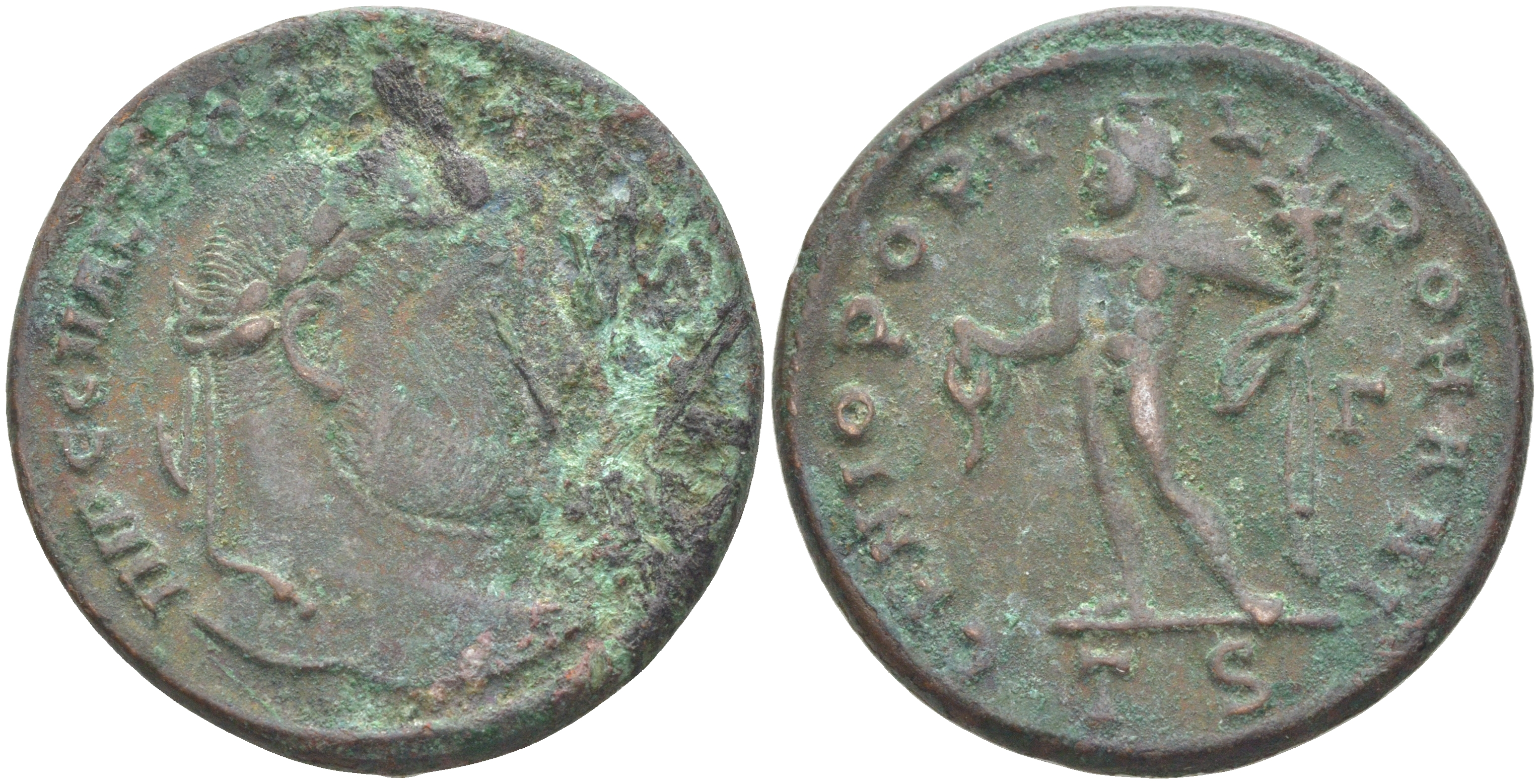 Римская Империя нуммий 302 - 303 Диоклетиан, бюст императора, IMP C C VAL DIOCLETIANVS P F AVG / Гений Римского народа, GENIO POPVLI ROMANI TS, Фессалоника RIC 25а биллон 1073-23-33