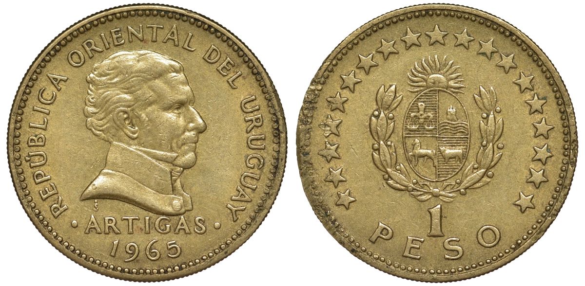 Уругвай 1 песо 1965 KM 46 алюминиевая бронза 24-853