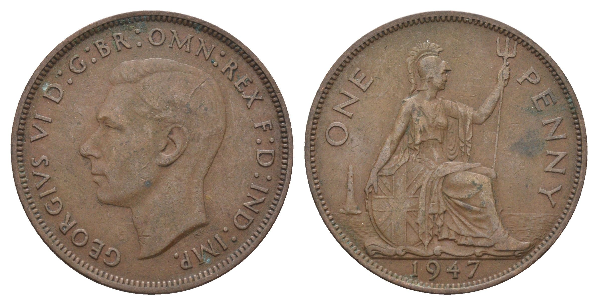 Великобритания 1 пенни 1947 Георг VI (1936-1952) KM 845, Spink 4114 бронза 4661-833