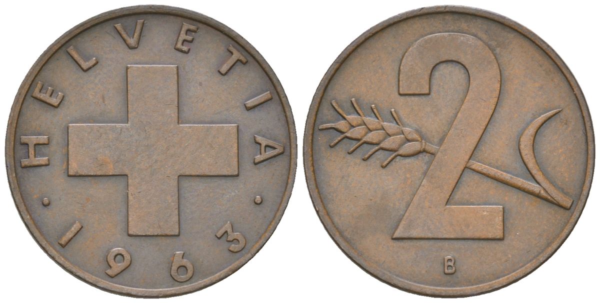 Швейцария 2 раппена 1963 B KM 47 бронза 4115-1146