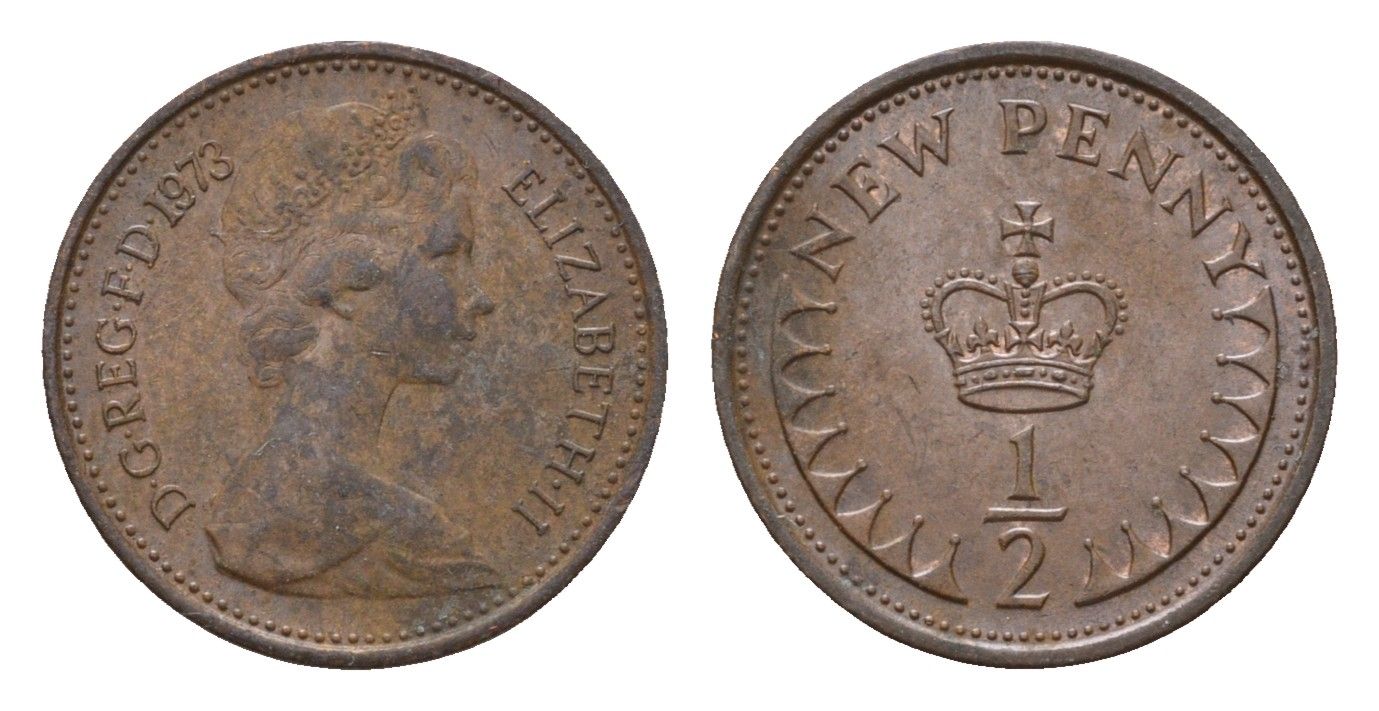 Великобритания 1/2 пенни 1973 Елизавета II (1952-2022) KM 914, Spink 4239 (A1) бронза 4613-1051