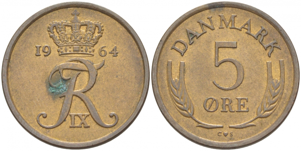 ДАНИЯ 5 ЭРЕ 1964 C; S, ФРЕДЕРИК IX (1947-1972) KM 848.1 бронза 4402-1222