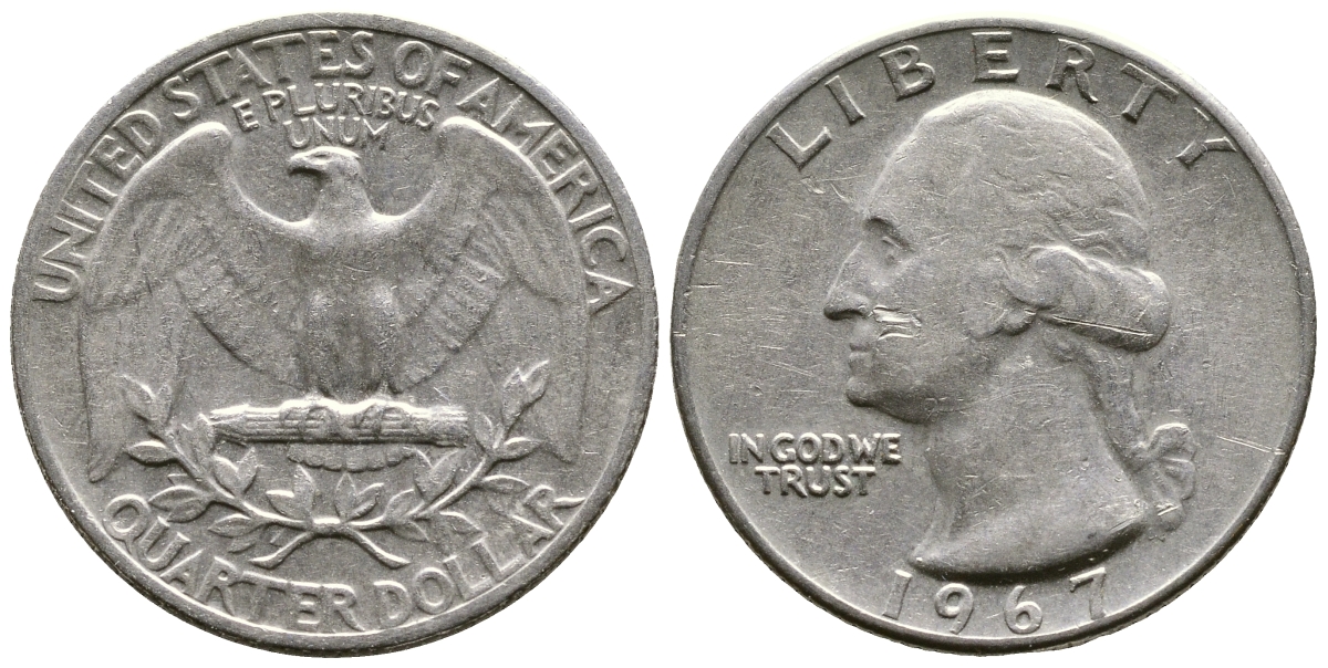 США 25 центов (квотер) 1967 Вашингтон KM 164а медь плакированная медно-никелем 4382-1046