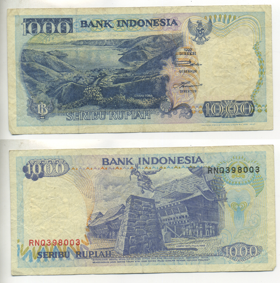 ИНДОНЕЗИЯ 1000 РУПИЙ 1992/1997 Pick 129f бумага 7222-12-1