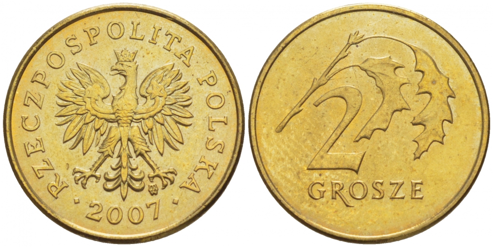 ПОЛЬША 2 ГРОША 2007 MW KM 277 латунь UNC 4516-1143