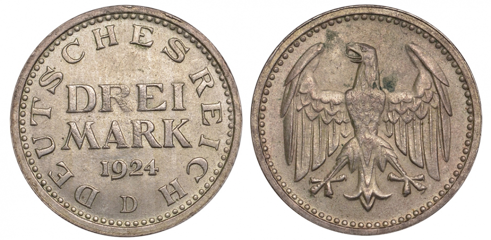 Германия 3 марки 1924 D, Веймарская Республика Weege 19, J. 312, KM 43 серебро aUNC 00-818-37