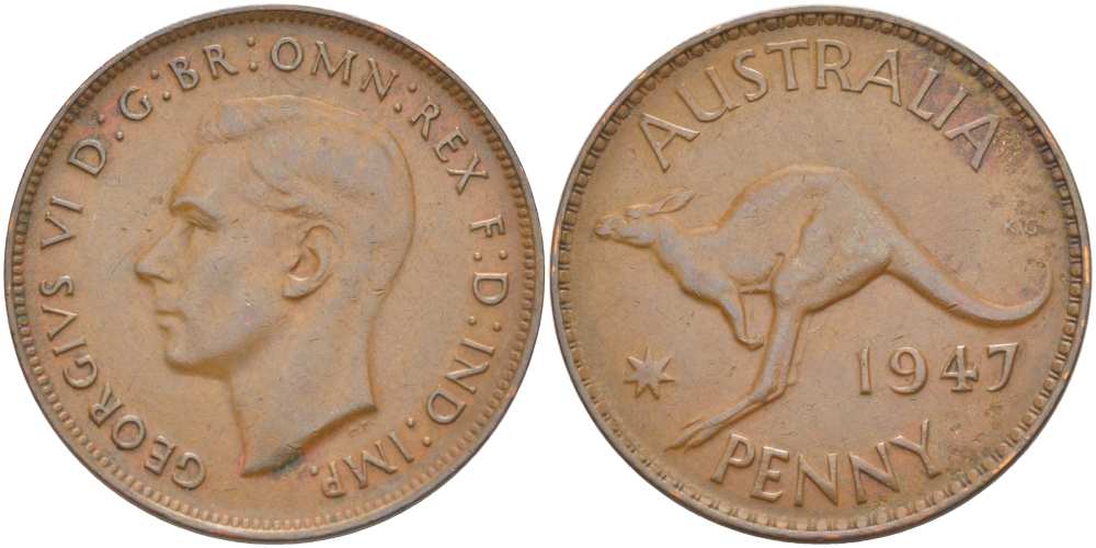 АВСТРАЛИЯ 1 ПЕННИ 1947 m, ГЕОРГ VI (1936-1952), КЕНГУРУ KM 36 бронза 4512-1136