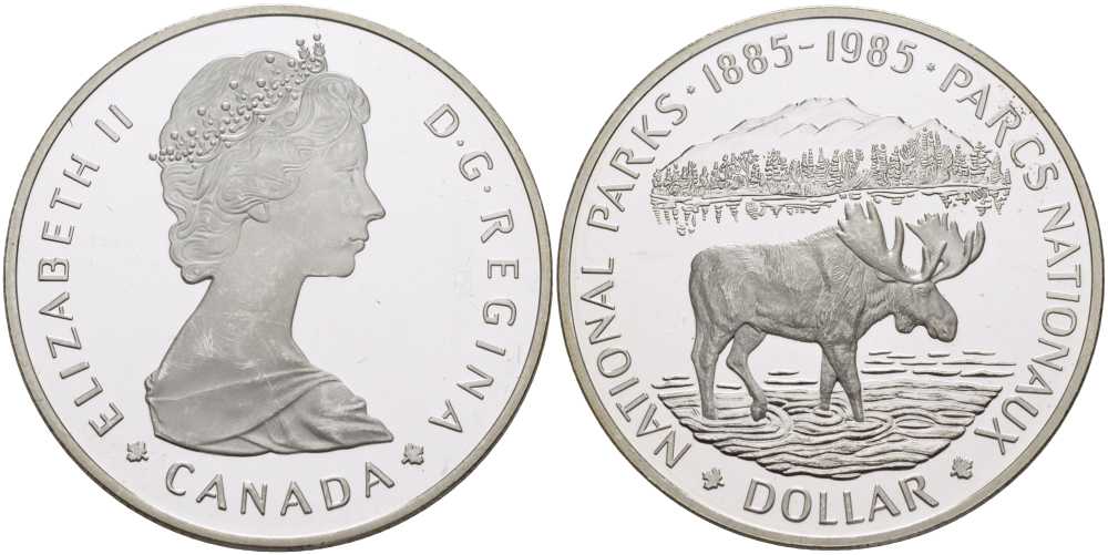 Канада 1 доллар 1985 100 лет национальному парку (1885-1985), лось KM 143 серебро PROOF 02-038-11