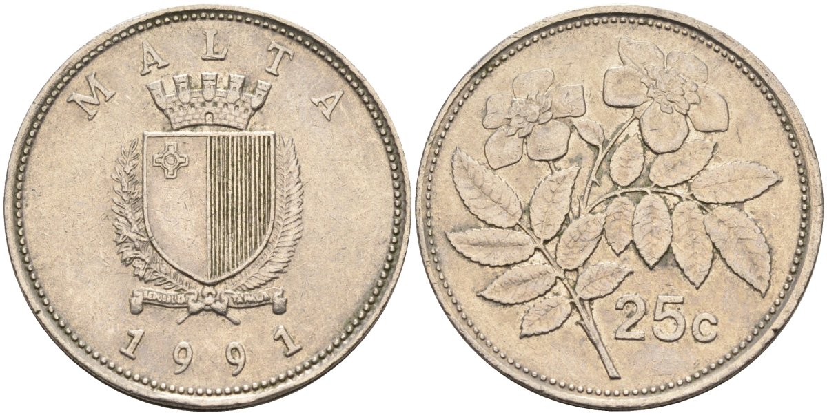 Мальта 25 центов 1991 шиповник вечнозелёный KM 97 медно-никель 186-814
