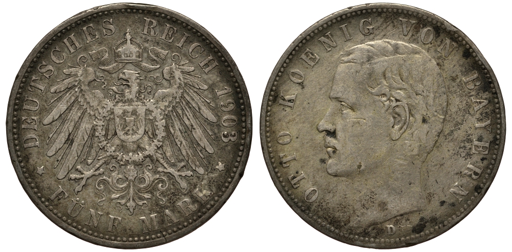 Бавария 5 марок 1903 Отто (1886-1913) Weege 47, J. 46, KM 512 серебро 3711-1444