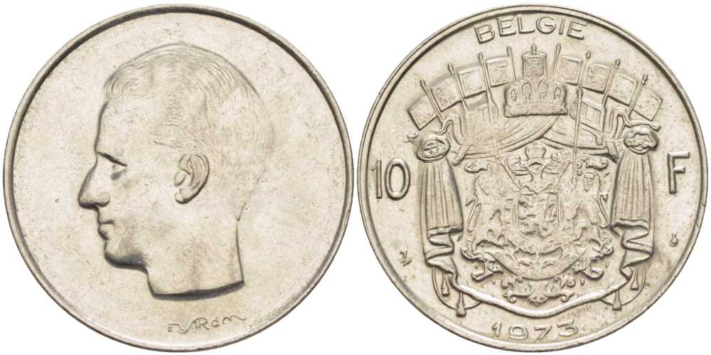 БЕЛЬГИЯ 10 ФРАНКОВ 1973 BELGIE, БОДУЭН I (1951-1993) KM 156.1 никель 38-633