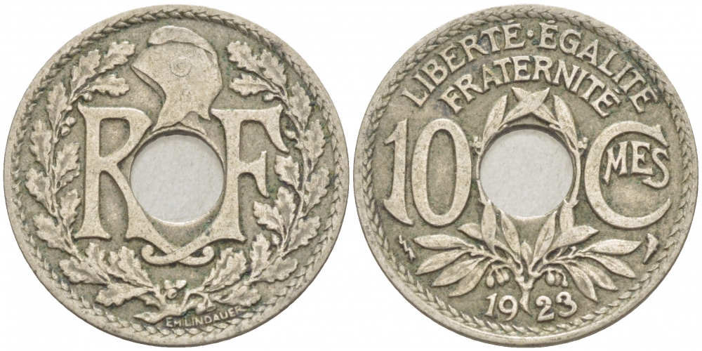 ФРАНЦИЯ 10 САНТИМОВ 1923 tb, ТИП ЛИНДАЙЁ, МОНЕТНЫЙ ДВОР ПУАССИ, МОЛНИЯ KM 866a медно-никель 4402-934