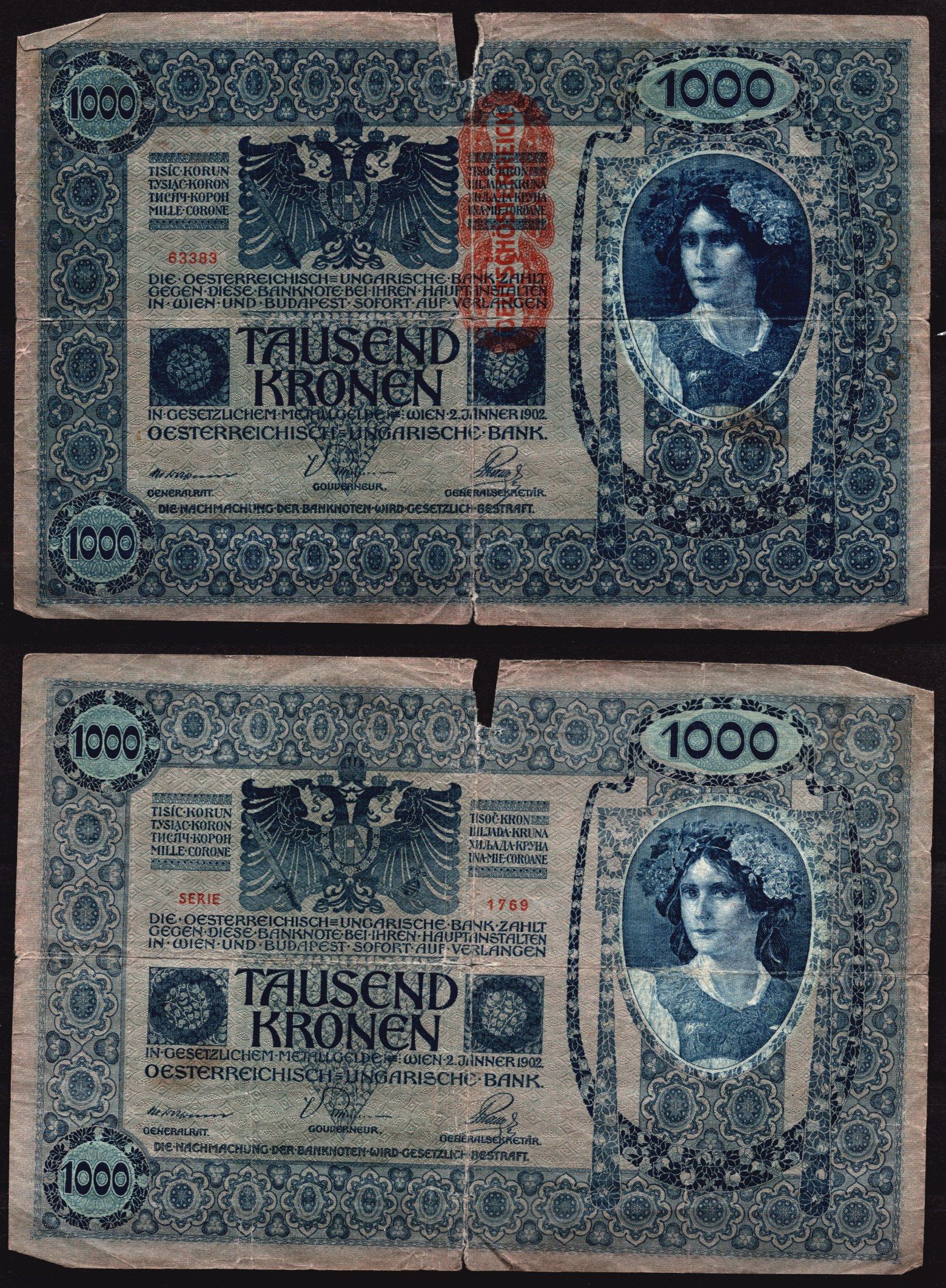 Австрия 1000 крон 1902 (1919) Женщина, австрийское знаме, с печатью Pick 59 бумага 6289-48-2-1