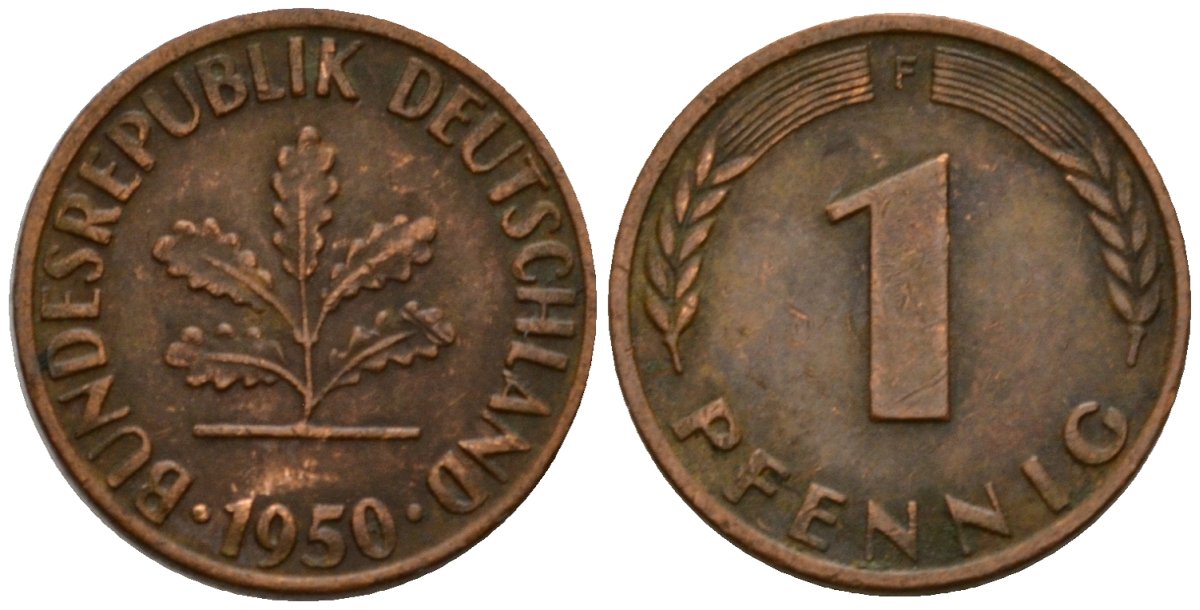 ФРГ 1 пфенниг 1950 E KM 105, J.380 сталь плакированная медью 4602-752