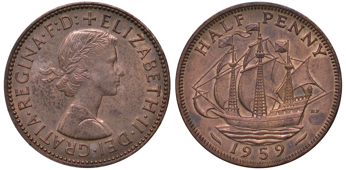 Великобритания 1/2 пенни 1959 Елизавета II (1952-2022) KM 896, Spink 4158 бронза 4122-826