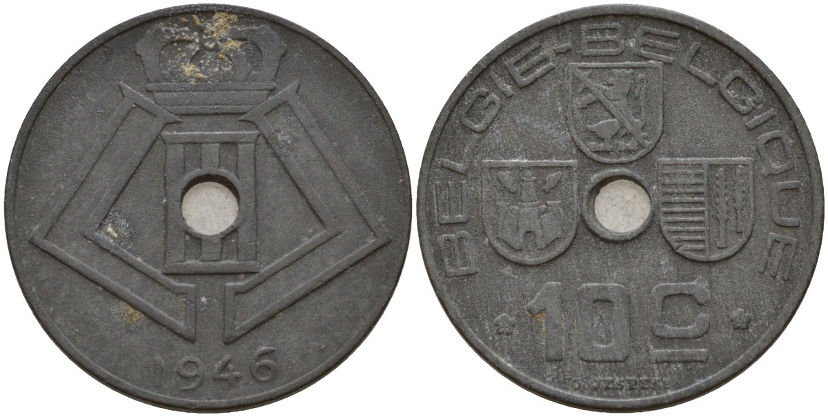 Бельгия 10 сантимов 1946 Belgie - Belgique, Леопольд III (1934-1947), германская оккупация, Вторая мировая война KM 126 цинк 4161-354