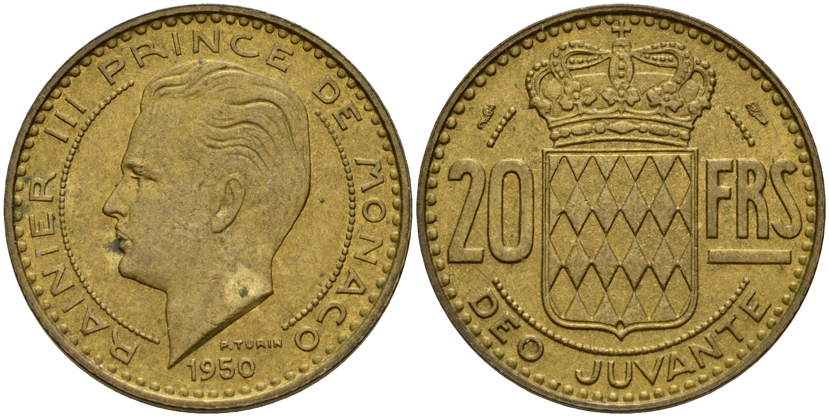 Монако 20 франков 1950 Ренье III (1949-2005) KM 131 алюминиевая бронза    4601-833