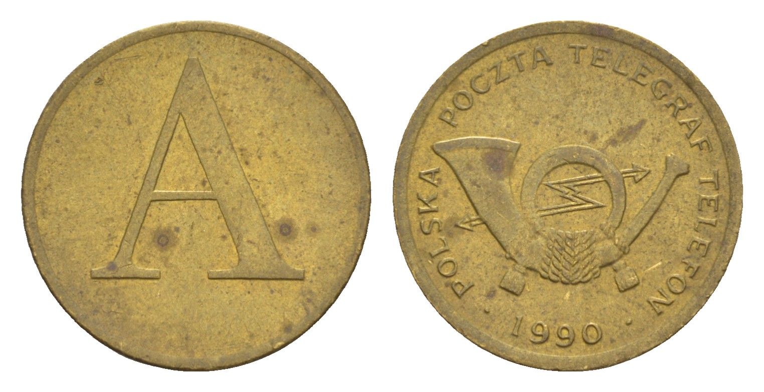 Польша телефонный жетон 1990 диаметр 19 мм, вес 2,5 гр латунь aUNC 4655-719