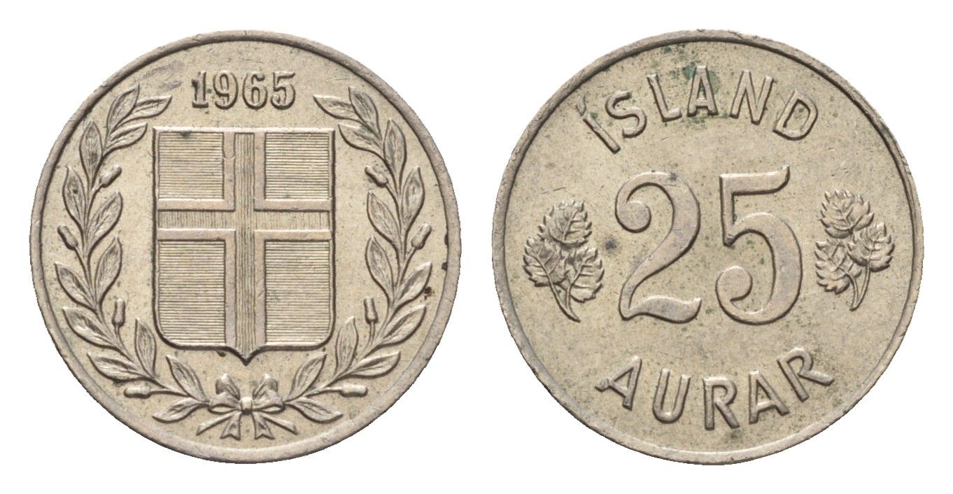 Исландия 25 эйре 1965 KM 11 медно-никель 4690-633
