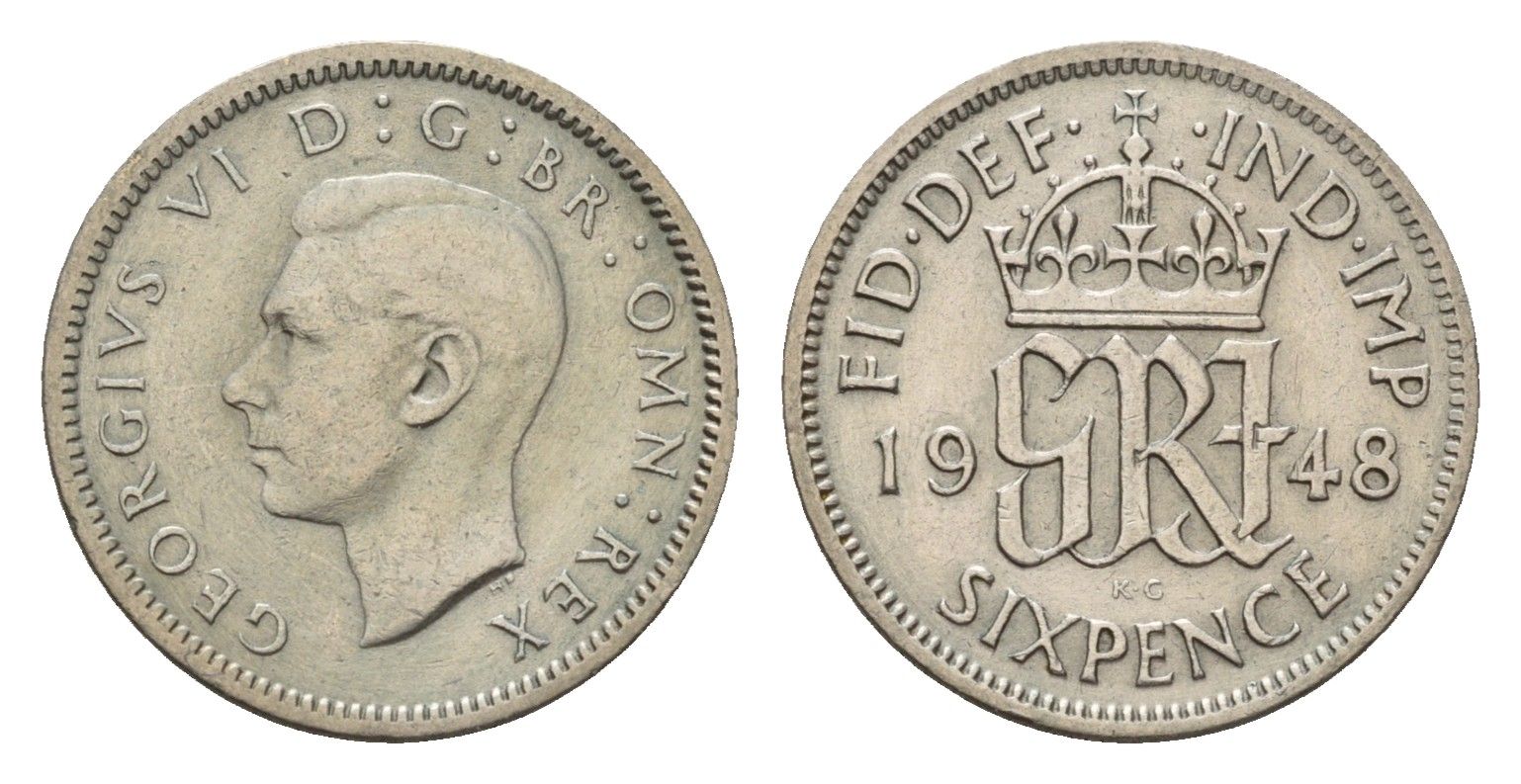 Великобритания 6 пенсов 1948 Георг VI (1936-1952) KM 862, Spink 4105 медно-никель 4651-1052