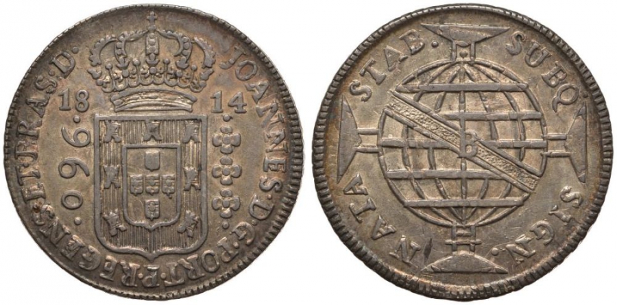 Бразилия 960 рейс 1814 В, монетный двор Бахия (Bahia), перечекан, патина, Жоао принц-регент (1799-1818) KM 307.1 серебро 00-815-14