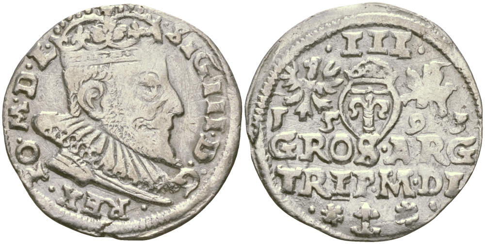 ПОЛЬША 3 ГРОША 1593 СИГИЗМУНД III ВАЗА (1587-1632) серебро 99-911