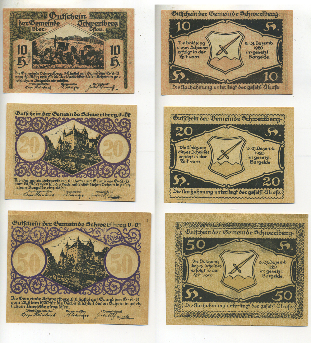 Австрия набор из 3 банкнот 1920 20 марта 1920, нотгельд, 10, 20, 50 геллеров, SCHROERTBERG O.    бумага  XF 7555-5-4-1