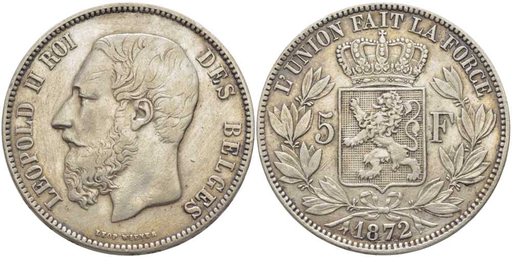Бельгия 5 франков 1872 Леопольд II (1865-1909) KM 24 серебро 5010-923