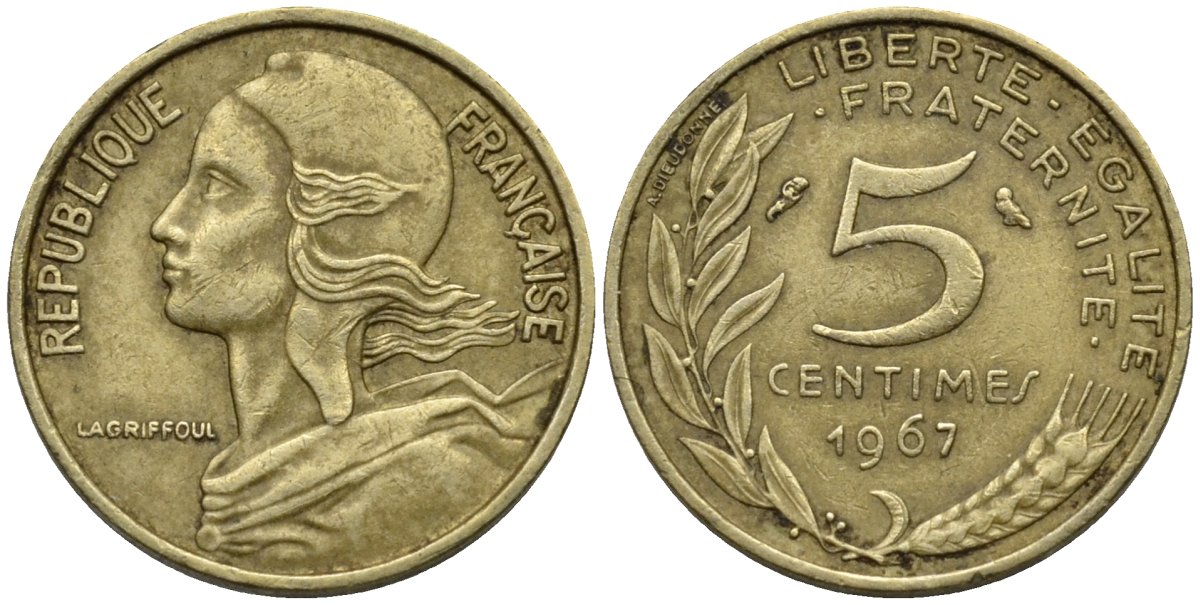 Франция 5 сантимов 1967 KM 933, Le Franc 125.3 медь алюминий никель 4124-1269