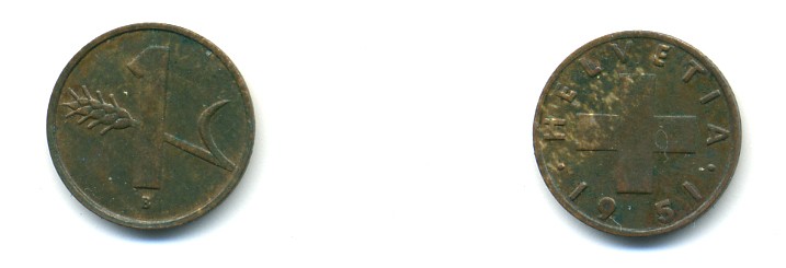 ШВЕЙЦАРИЯ 1 РАППЕН 1951 В KM 46 бронза 80-719