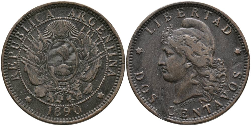 Аргентина 2 сентаво 1890 голова свободы влево KM 8 бронза 4531-932
