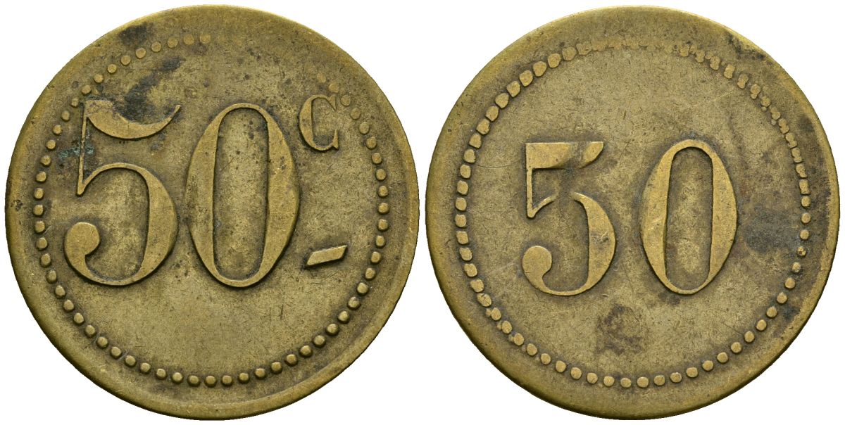 Франция 50 сантимов XIX-XX век ресторанный жетон латунь 4166-1224