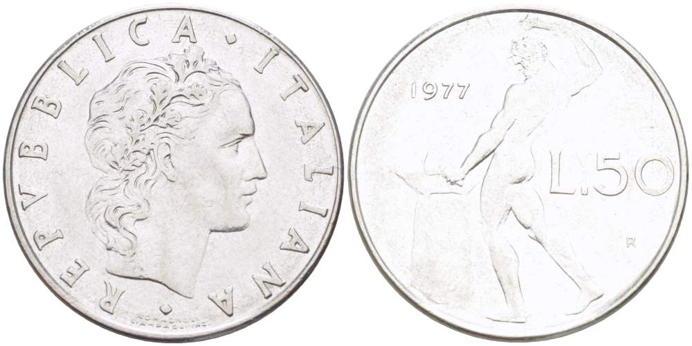 ИТАЛИЯ 50 ЛИР 1977 R, КУЗНЕЦ KM 95.1 нержавеющая сталь 4523-656