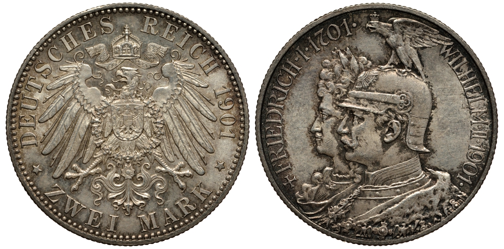 Пруссия 2 марки 1901 A, 200 лет Прусской королевской династии (Фридрих I - Вильгельм II) J.105, Weege 105, KM 525 серебро 413-3722