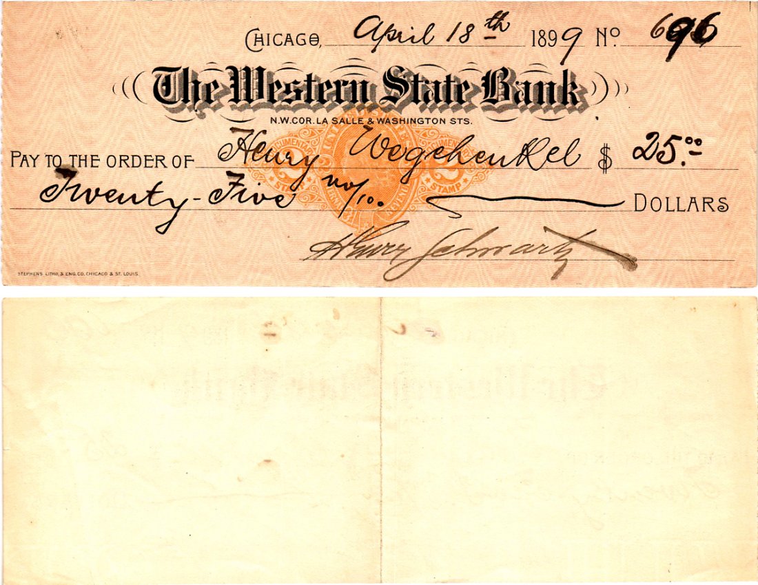 США чек на 25 долларов 1899 The Western State Bank, Чикаго бумага 6287-42-3-1