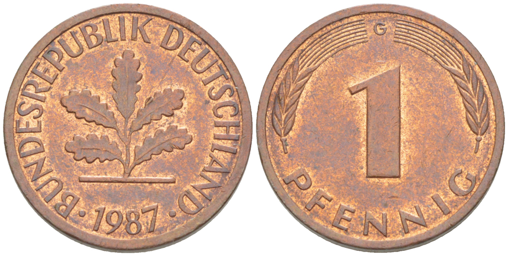 ФРГ 1 ПФЕННИГ 1987 G KM 105, J. 380 сталь плакированная медью 4181-665
