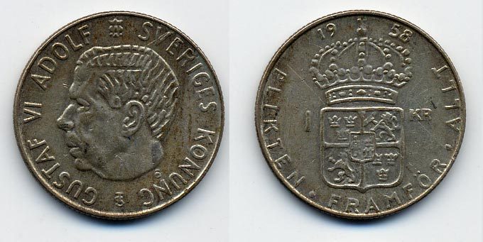 Швеция 1 крона 1958 TS, Густав VI Адольф (1950-1973) KM 826 серебро 25-942