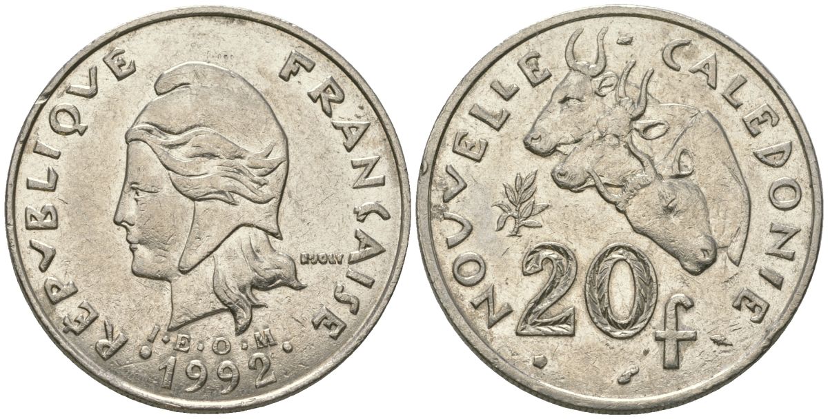 Французская Новая Каледония 20 франков 1992 три быка, (IEOM) KM 12, Schoen 14, Lec 115 никель 81-243