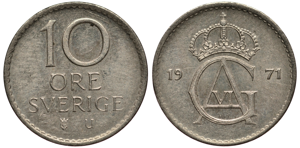 Швеция 10 эре 1971 Густав VI Адольф (1950-1973) KM 835 медно-никель XF- 4181-119
