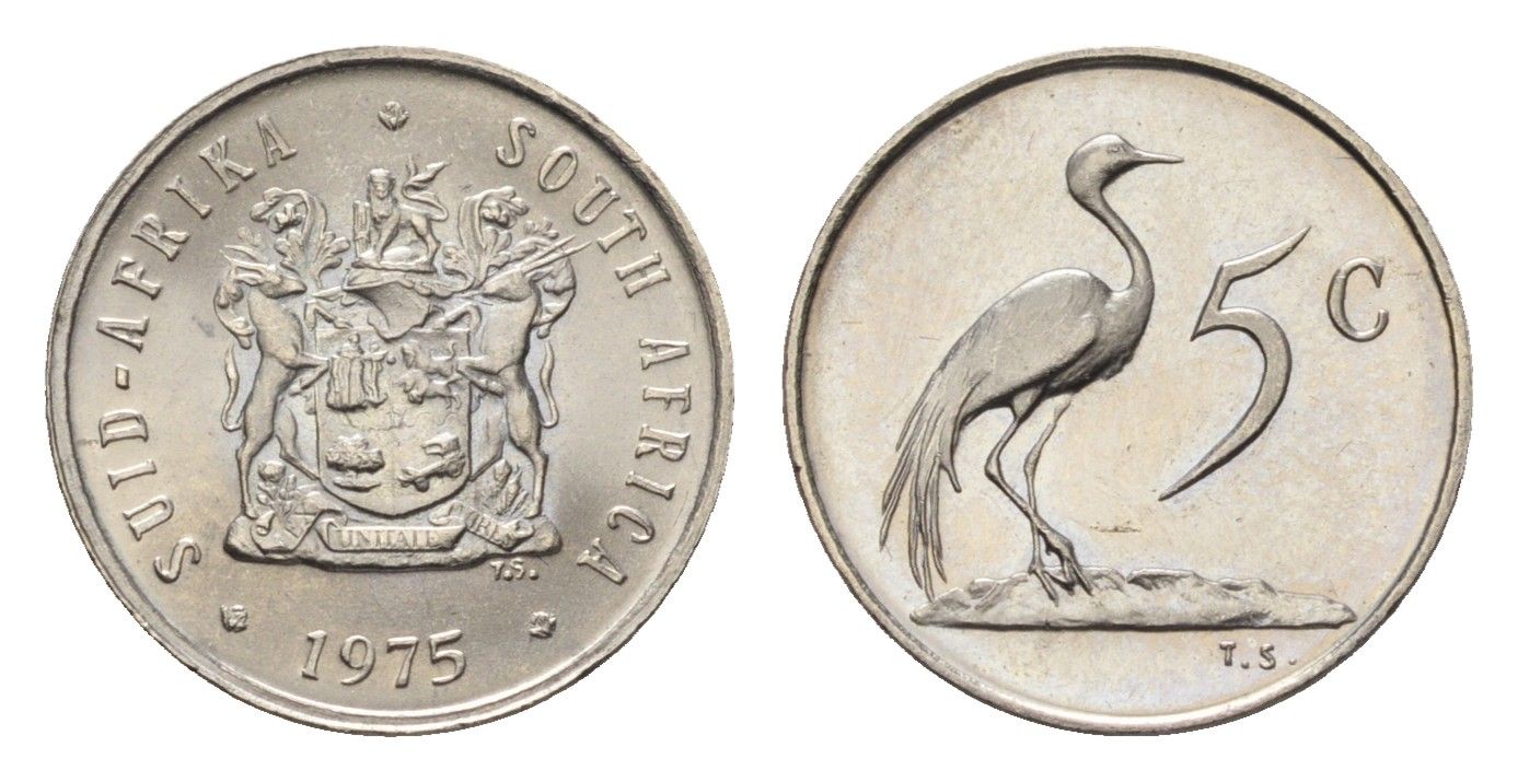 ЮАР 5 центов 1975 герб, райский журавль KM 84 никель UNC 4690-943