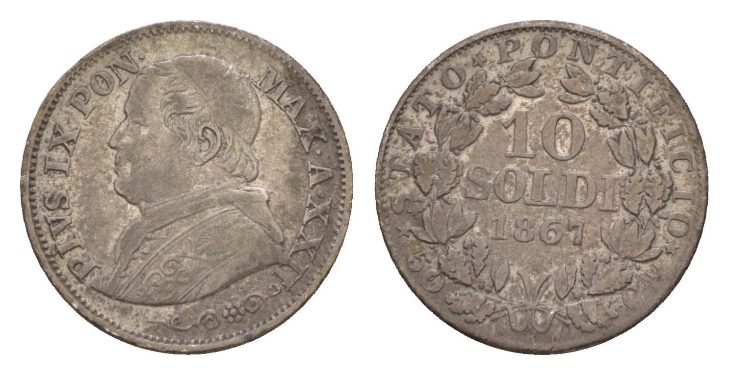 Папская область 10 сольдо 1867 R, Пий IX (1846-1878) KM 1376 серебро 603-143