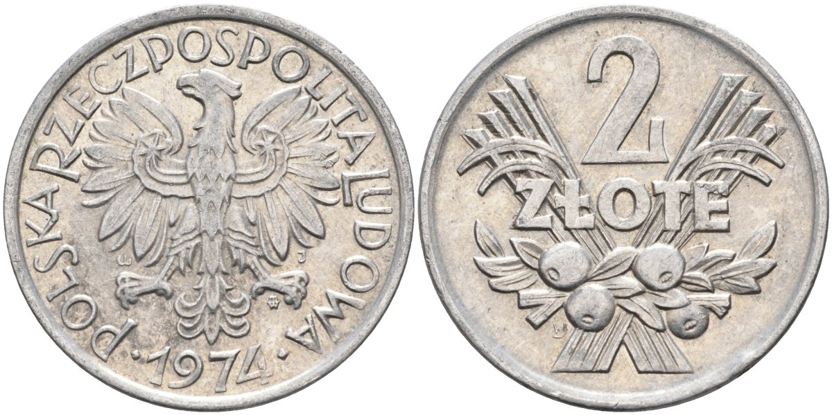 Польша 2 злотых 1974 MW, Народная Республика KM 46, Parchimowicz 216h алюминий 4402-222