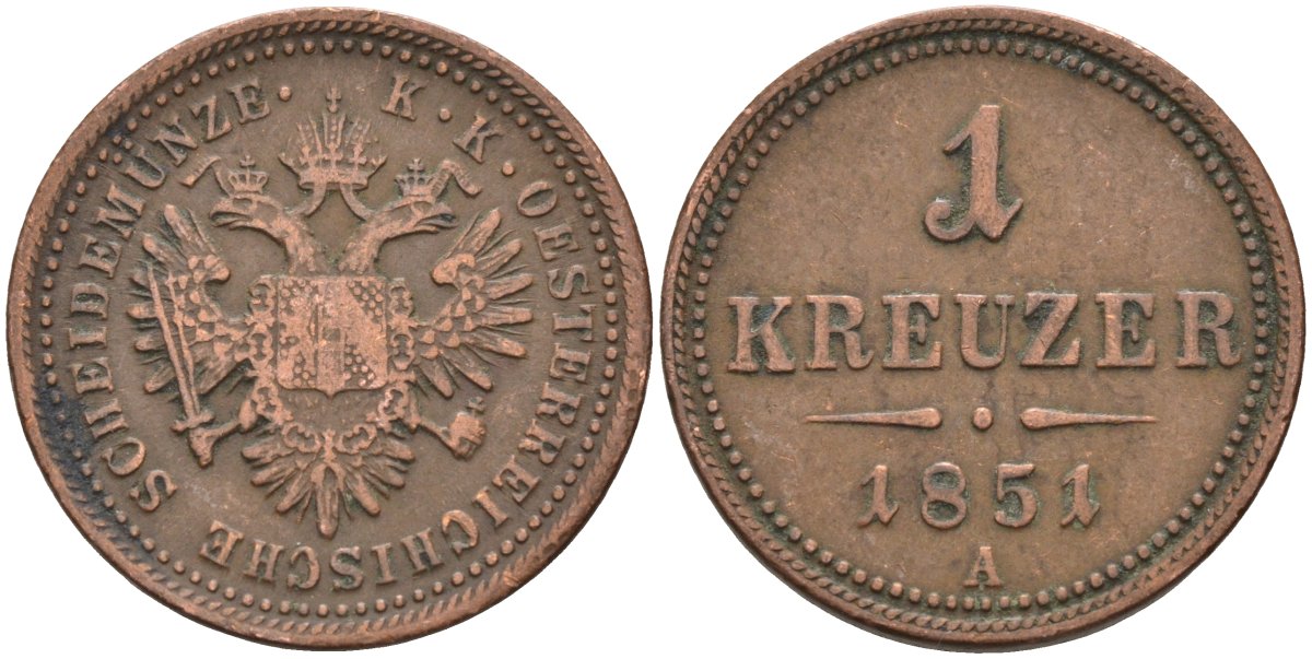 Австрия 1 крейцер 1851 A, Франц Иосиф I (1848-1916) KM 2185 медь 4586-442