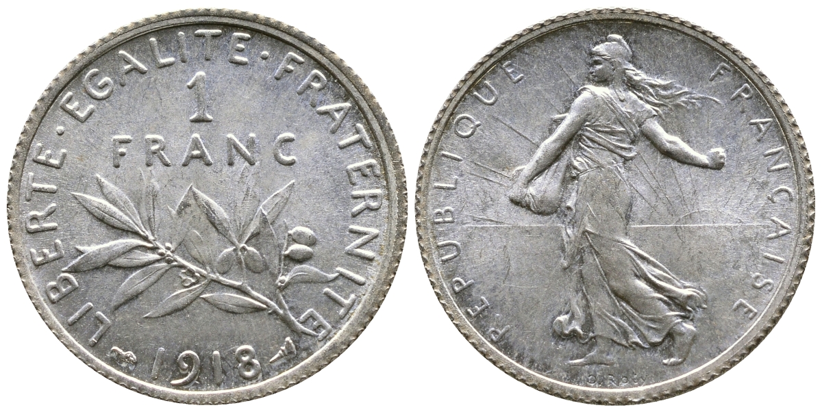 Франция 1 франк 1918 сеятель KM 844.1, Le Franc 217.24 серебро UNC 259-654