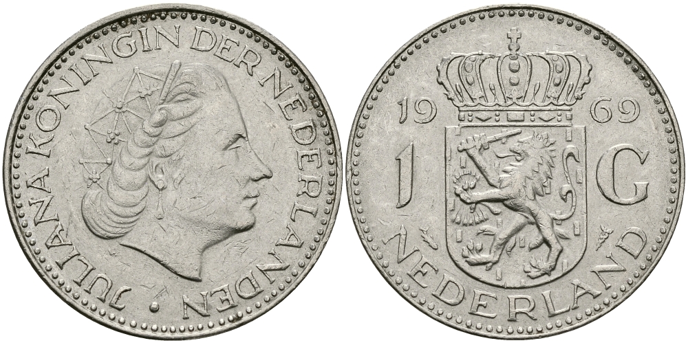 Нидерланды 1 гульден 1969 Юлиана (1948-1980) KM 184a никель 94-617