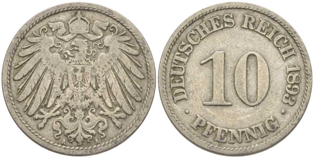 ГЕРМАНИЯ 10 ПФЕННИГОВ 1893 А KM 12, J. 13 медно-никель 210-626