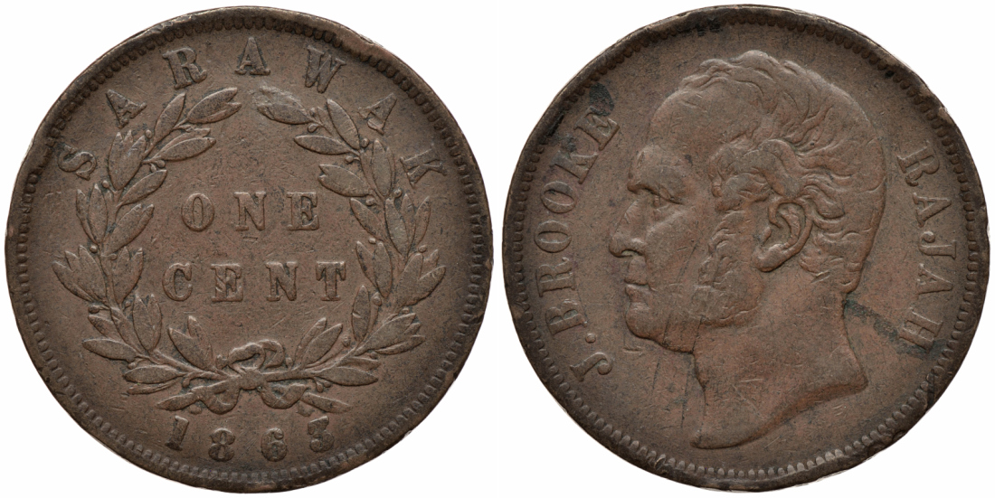 Саравак 1 цент 1863 раджа Джеймс Брук, Королевство Саравак (1846 - 1946) KM 3 медь 1521-343