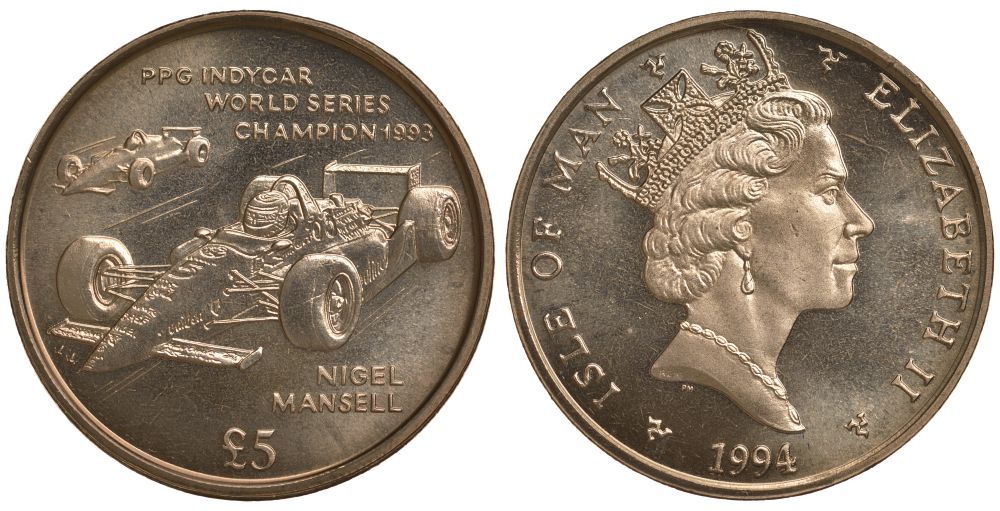 Остров Мэн 5 фунтов 1994 чемпион мировой серии 1993 года Формулы I, Найджел Мэнселл, гоночный болид KM 399 вирениум UNC 1078-5-51